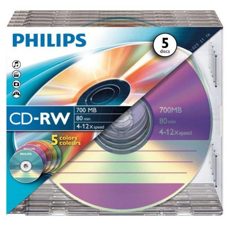 PHILIPS CD-RW 80MIN 700MB 4-12x SL COLOUR (5)