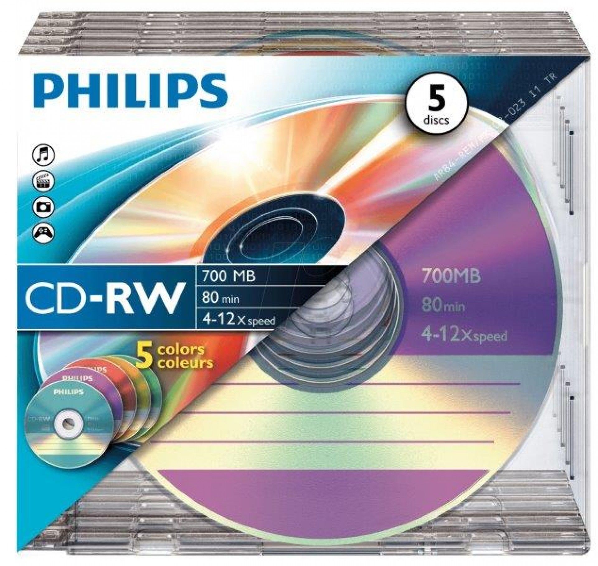 PHILIPS CD-RW 80MIN 700MB 4-12x SL COLOUR (5)